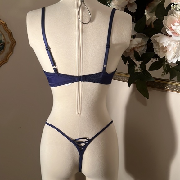 Jezebel lace bra thong set 36B L navy turquoise blue - Picture 3 of 7